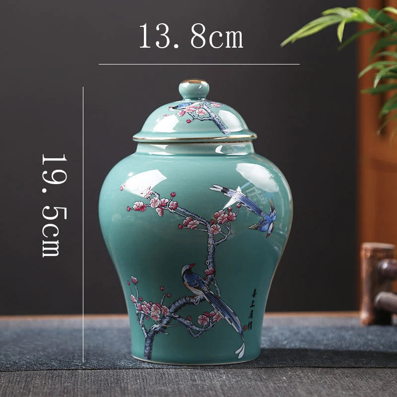 pot thé céramique artisanal fleurs oiseaux peintes main vert clair traditionnel couvercleDecorationMaisonVaseFleurs