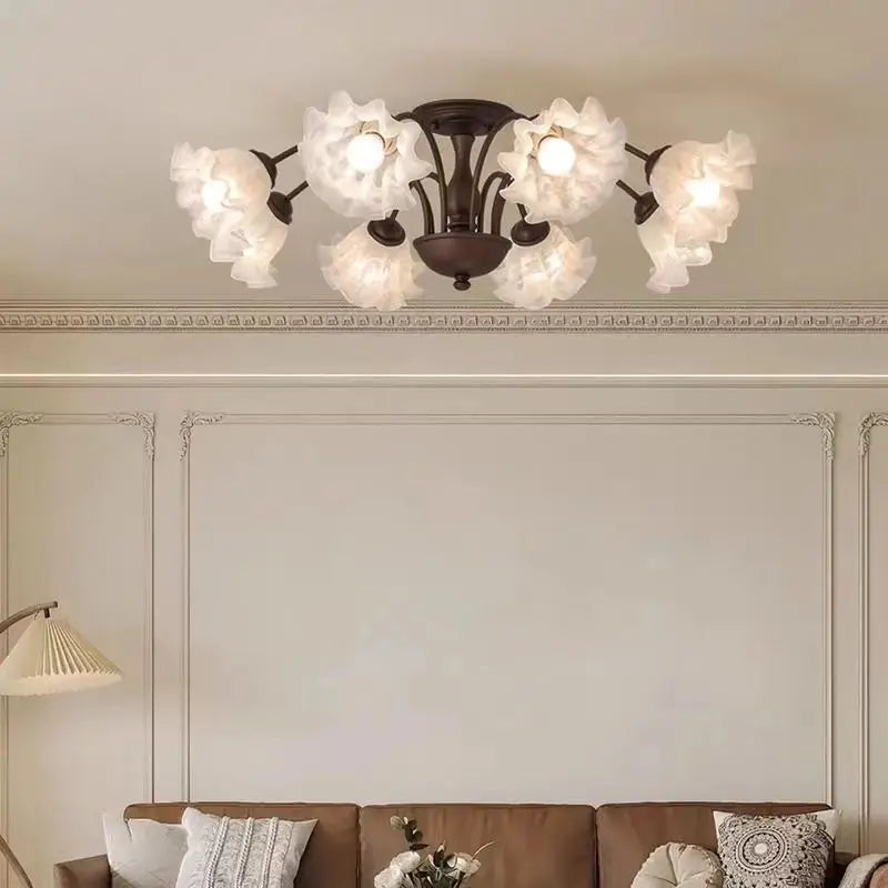 lampe suspension classique fleurs relief marron foncé blanc translucide têtes led 3000k