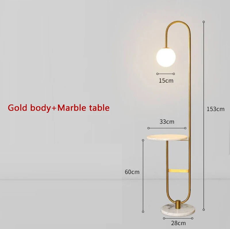 lampe sol moderne or marbre blanc plateau métal minimaliste
