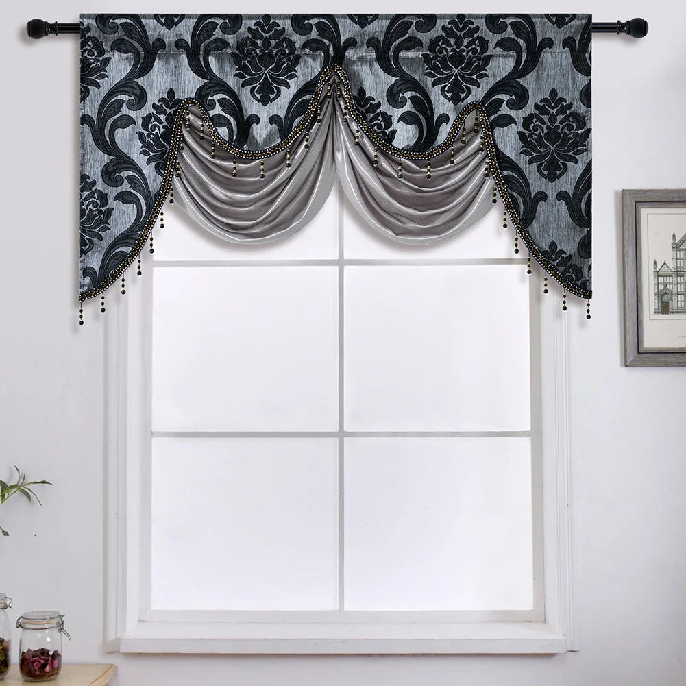 rideau fenêtre floral damassé semi transparent gris beige tissu polyester texturé glands classique 135x75cm