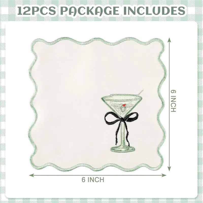 serviettes table classiques motif martini blanc vert clair bord festonné coton polyester washable cocktail