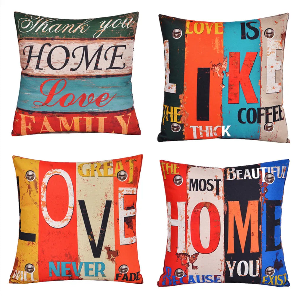 housse coussin vintage carré multicolore lettres relief coton lin décoration canapé chaise voiture lit