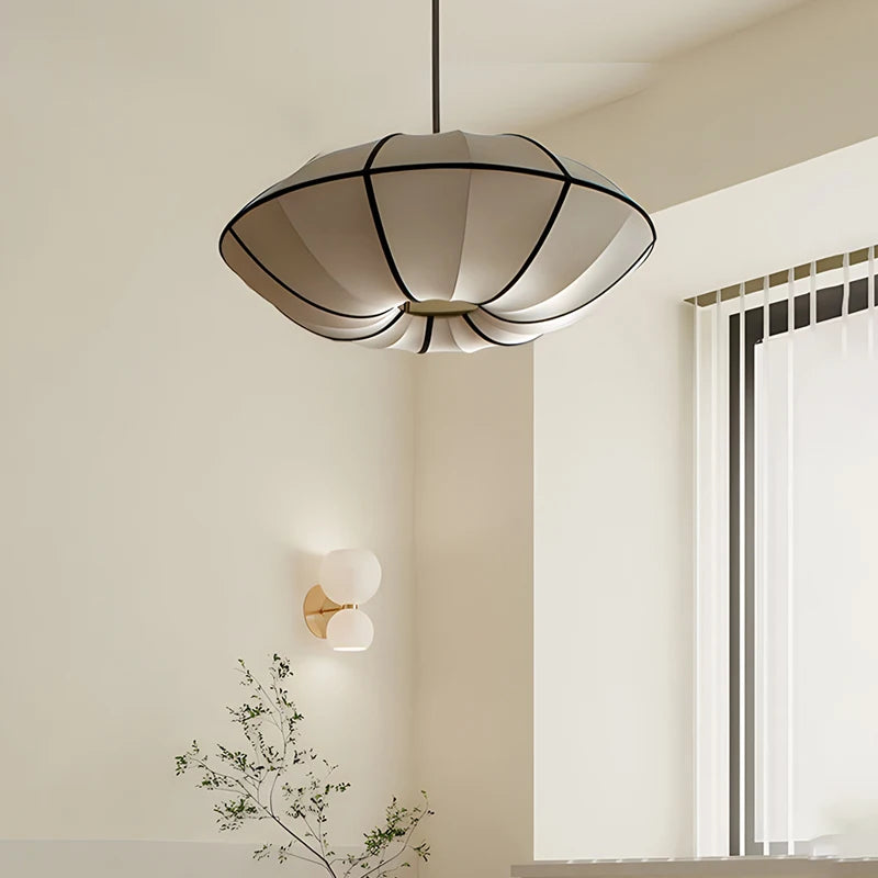 suspension lumineuse tissu géométrique blanc beige moderne opacité câble suspension fixe chambre salon