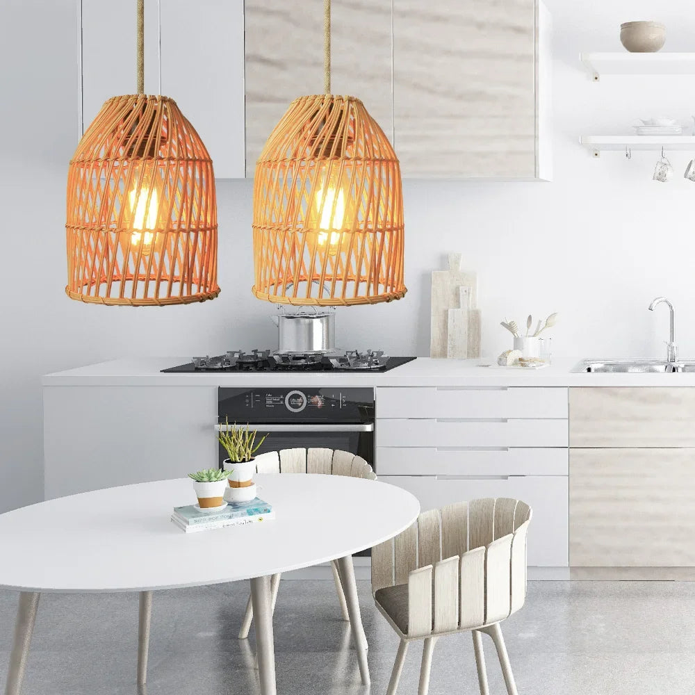 lampe suspendue moderne rustique tissage rotin orange clair câble suspendu flux lumineux faible autonome