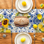 table cheminement lin motif floral citrons fleurs blanc bleu jaune vert table salle manger