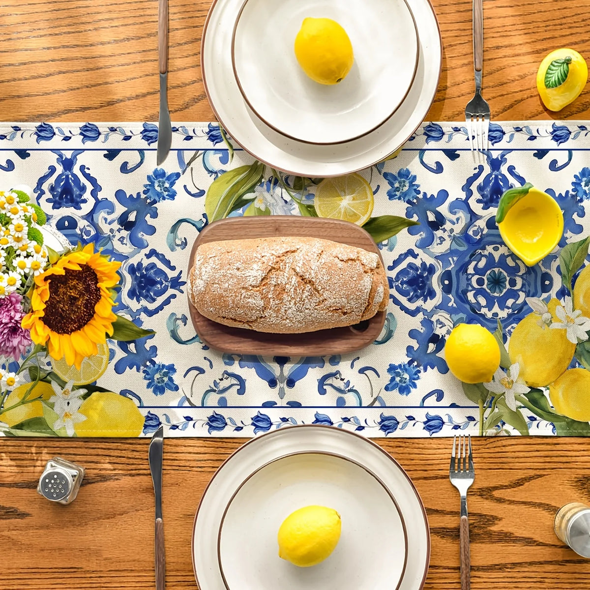 table cheminement lin motif floral citrons fleurs blanc bleu jaune vert table salle manger