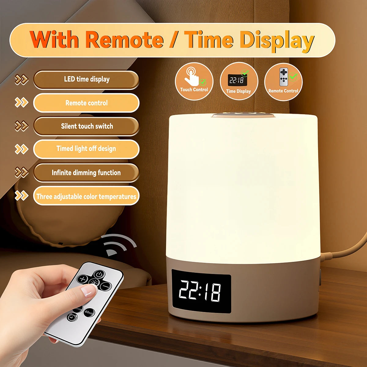 lampe chevet tactile rechargeable affichage heure beige blanc moderne