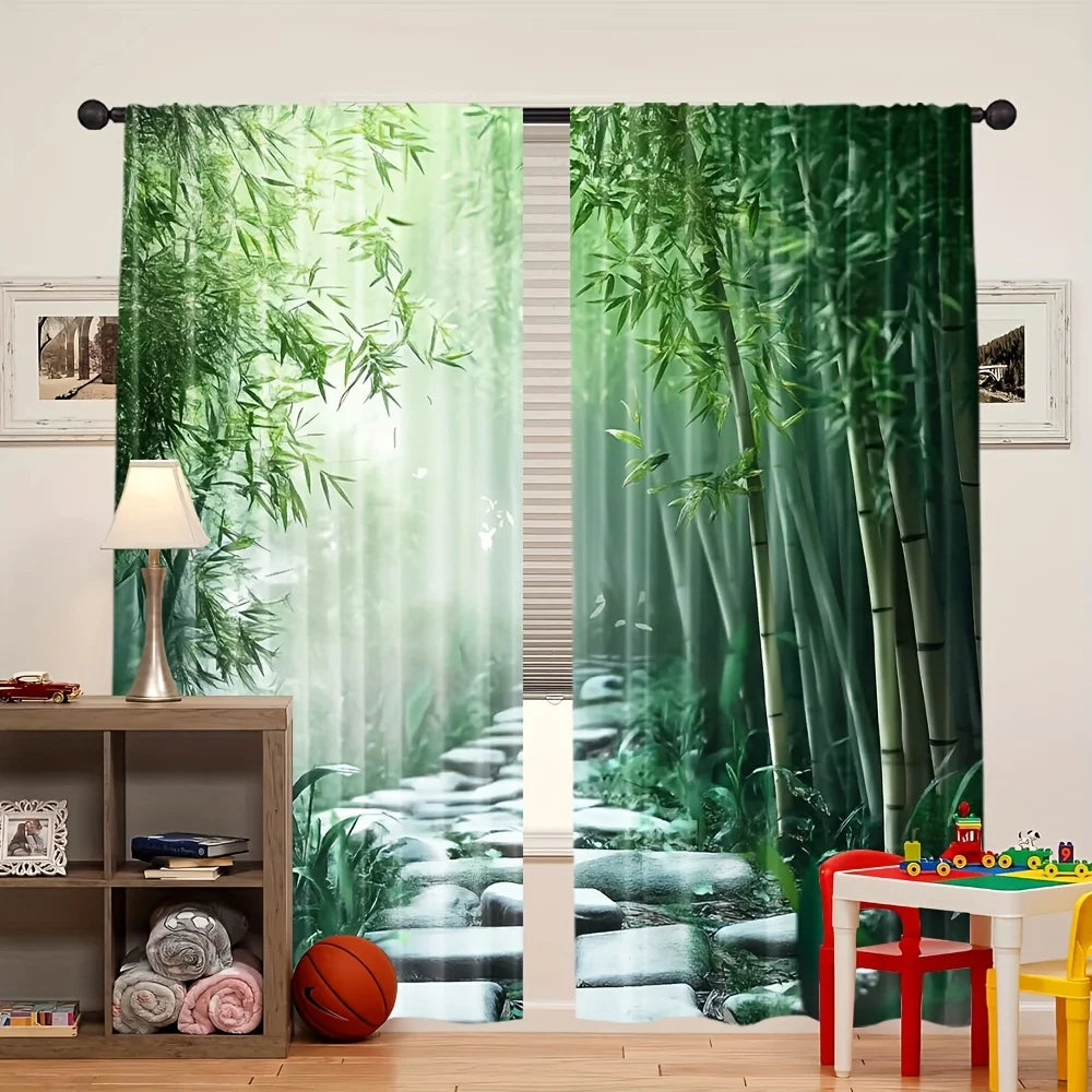 rideau vert blanc motif forêt bambou chemin pierres moderne opacité double ouverture chambre