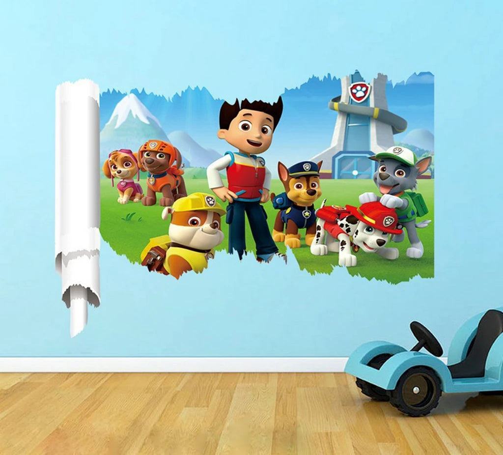 sticker mural 3d pat'patrouille multicolore enfants chambre salon décoration effets 3d adhésif chambre fête
