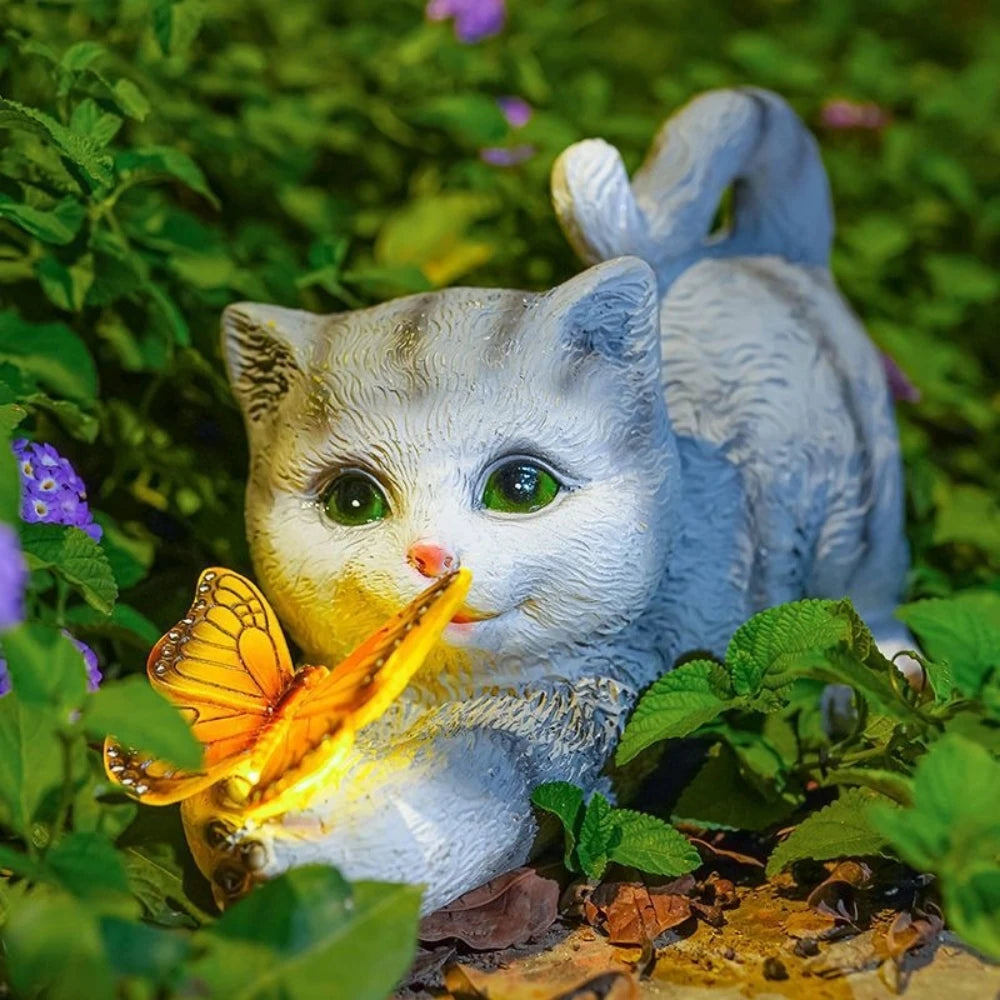 statue jardin solaire chat papillon lumiere animale deco patio balcon ornement réaliste mignonextérieur résine