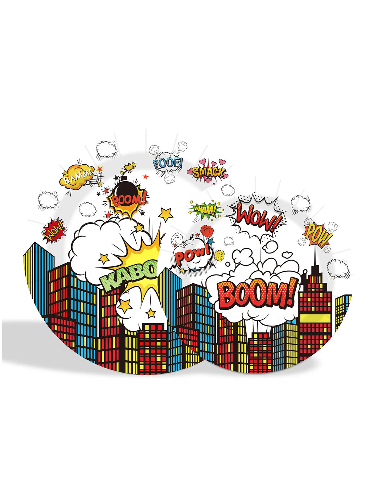 assiettes jetables multicolores illustration ville pop art kaboom pow wow anniversaire événement festif