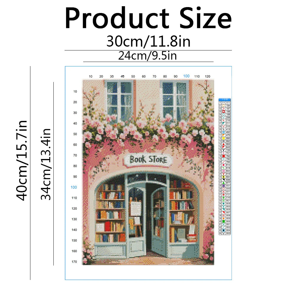 kit broderie point croix librairie roses fleurs livres classique fil couleur toile imprimée romantique