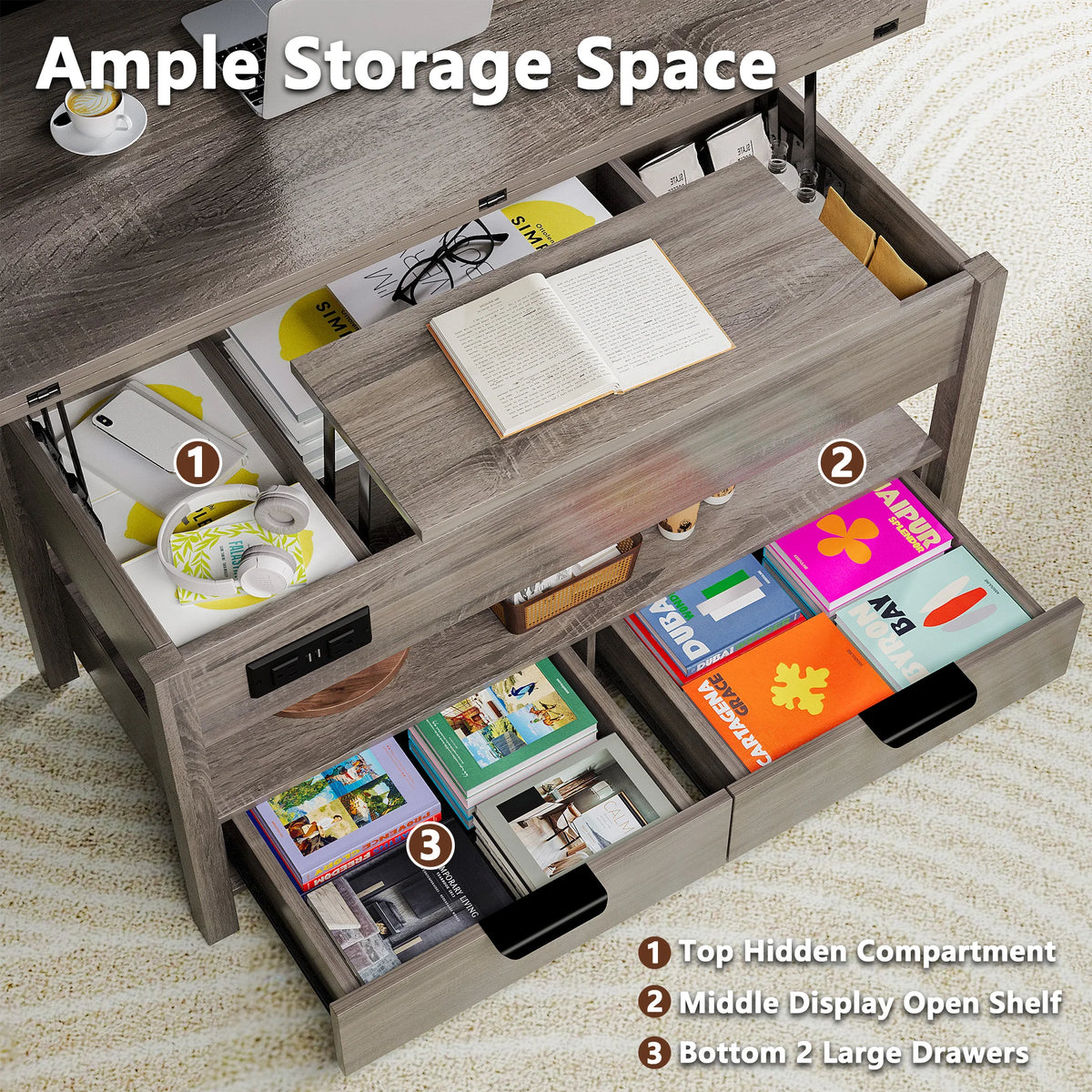 table basse multifonctionnelle tiroirs rangement éclairage led prise usb aspect bois moderne