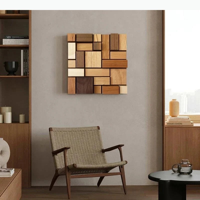 décoration murale bois assemblage moderne tableaux rectangulaires couleurs variéesintérieur minimaliste