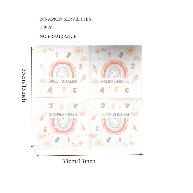 serviettes papier arc ciel lettres numéros étoiles nuages colorées pack 40 pièces