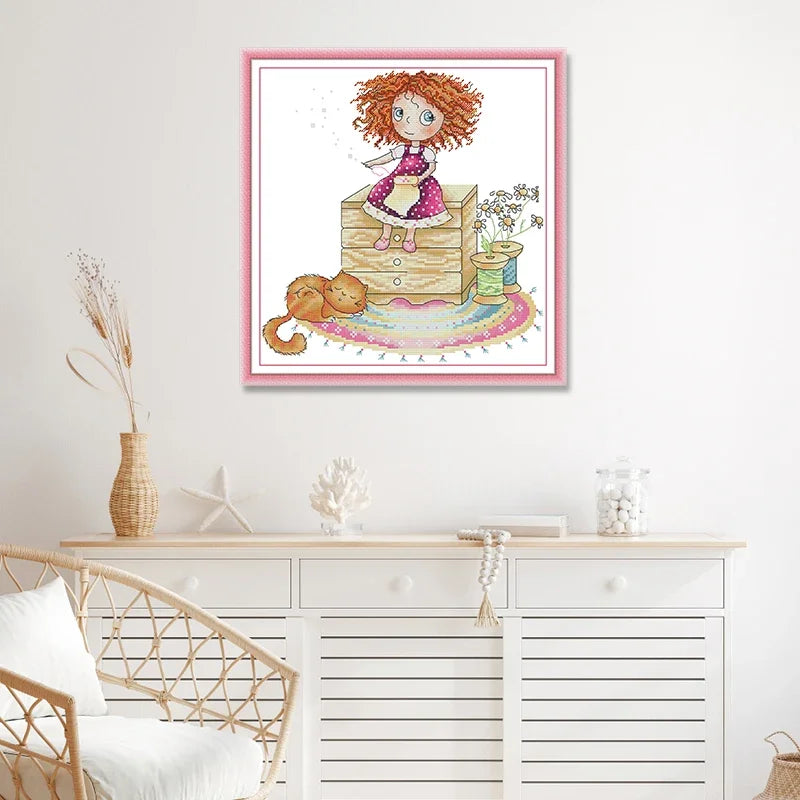 Kit broderie illustration fille chat multicolore toile coton instructions aiguille fils coton dimensions modernes