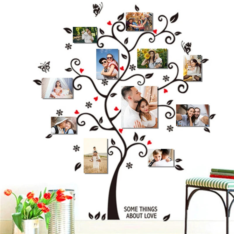 sticker mural arbre noir feuilles coeurs papillons cadres photo décoration maison salon chambre coucher