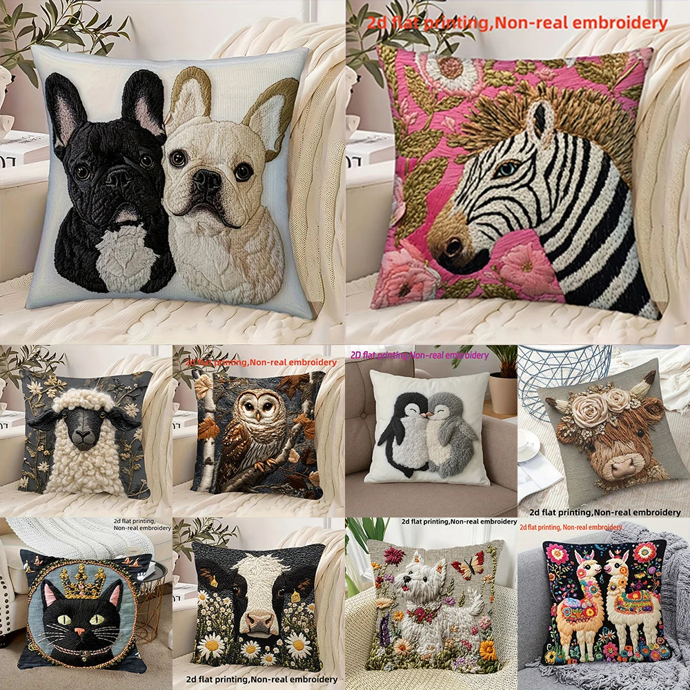 taies d'oreiller décoratives moderne animaux imprimés broderie polyester peacheskin zipper closure 45x45cm multicolore