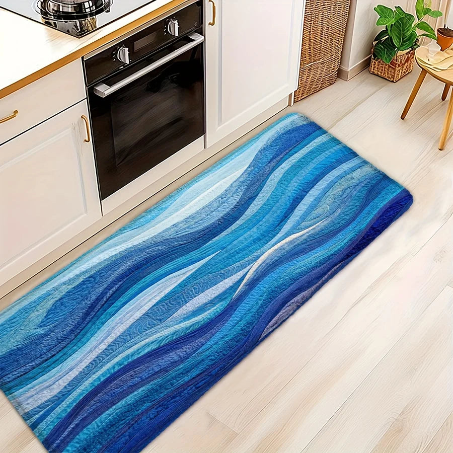 tapis moderne bleu rayures ondulées imperméable antidérapant bain entrée salon extérieur