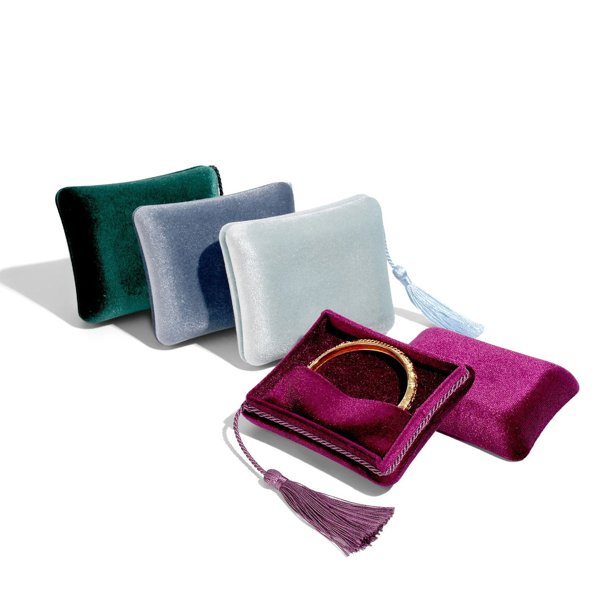 boîtes rangement bijoux pochettes velours classiques réutilisables couleurs vert foncé rose violet pompon