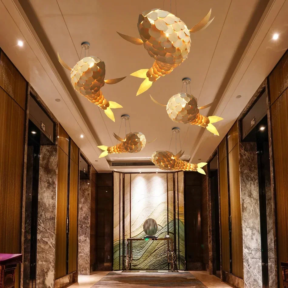 Suspension lumineuse bois forme poisson or led moderne art déco nickel brossé semi encastré