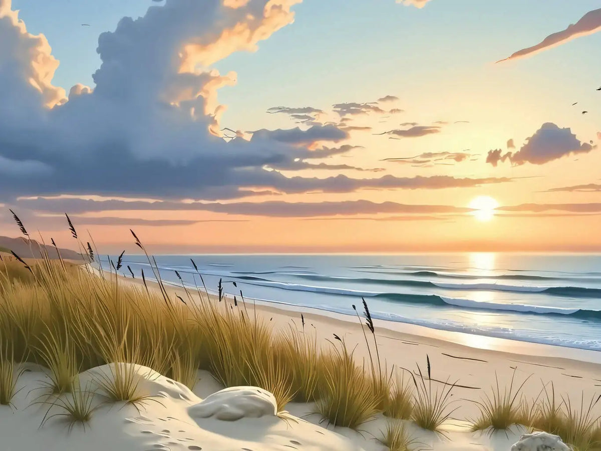 peinture l'huile paysage marin toile moderne coucher soleil vagues herbe sable pinceaux palette débutants