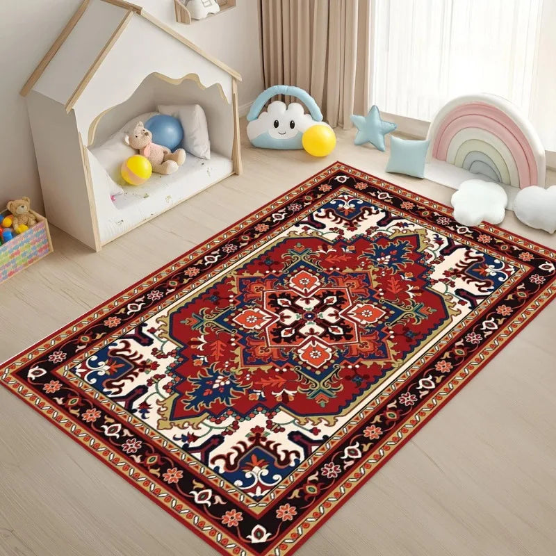 tapis rouge bleu beige traditionnel motifs floraux géométriques velours antidérapant intérieur extérieur