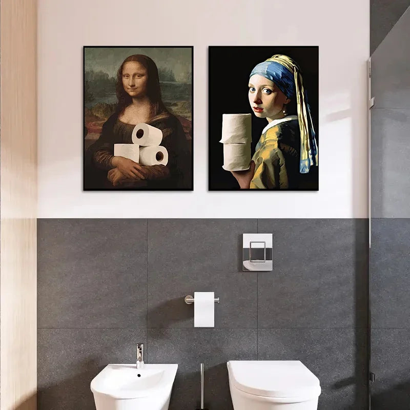 Détail de l'impression sur toile Mona Lisa avec rouleau de papier toilette
