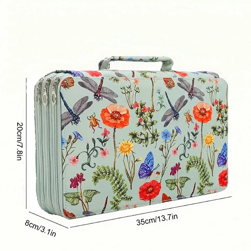 boîte crayons fleurs papillons zips 200 trous tissu polyestère moderne bleu vertclair