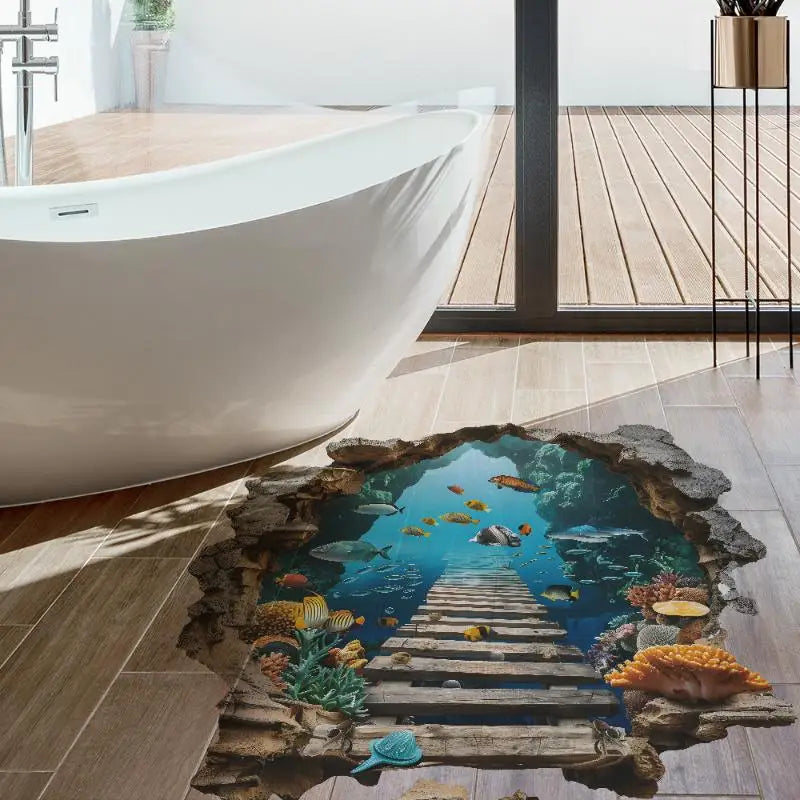 sticker mural 3d sous marin poissons coraux pont bois opaque enfants chambre salon