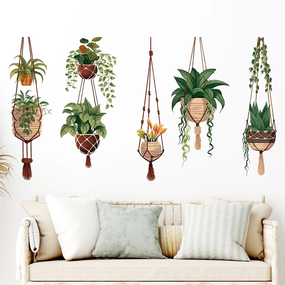 stickers muraux paniers suspendus macramé boho marron vert chambre enfant décoration intérieure tissé artisanal