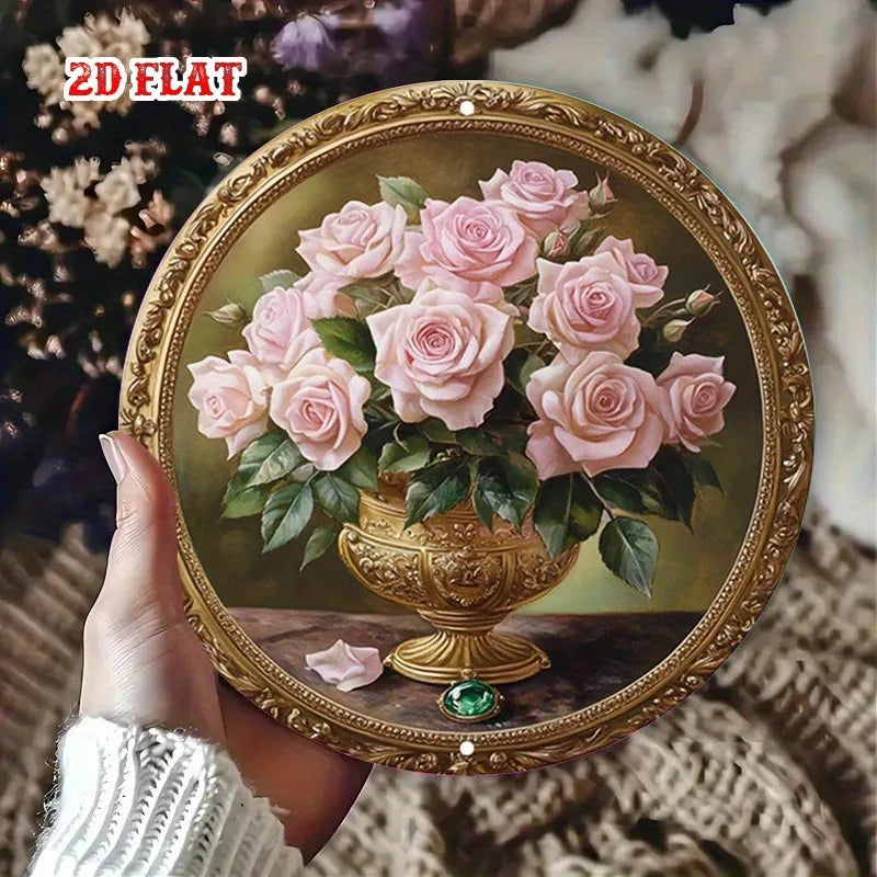 tableau mural classique bouquet roses vase doré élégant salon studio décor or rose verte