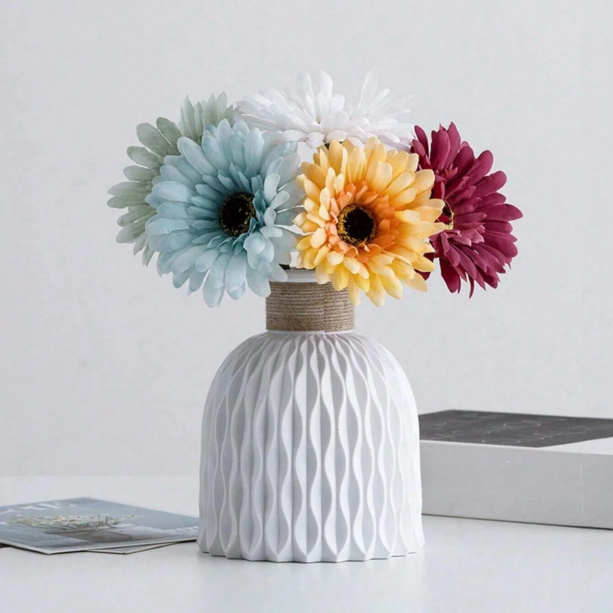 vase table moderne plastique blanc opaque tendance 12cm 14.5cm[arrangement floral incluse]