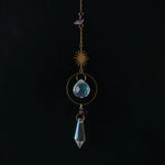 bijou pendentif cristal or bleu violet vert formes géométriques motifs oculaires translucides boho chic