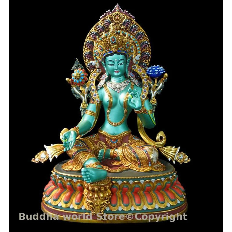 statue bouddhiste tara verte cuivre détails floraux motifs géométriques art tibétain doré
