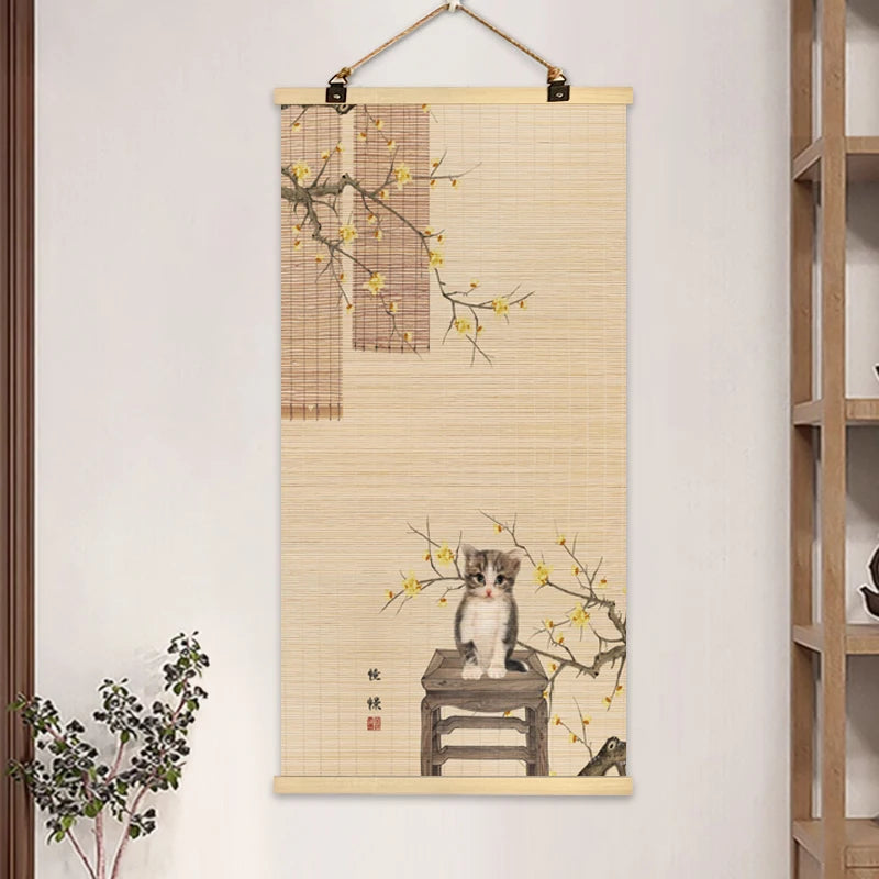 rideau rouleau bambou art traditionnel oriental fleurs oiseaux motifs crochets métalliques opaques entrée maison