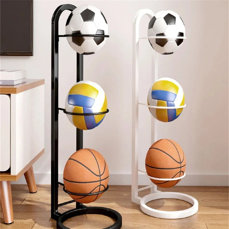 support rangement moderne minimaliste ballons sport bouteilles d'eau noir blanc motifs sportifs trois couches