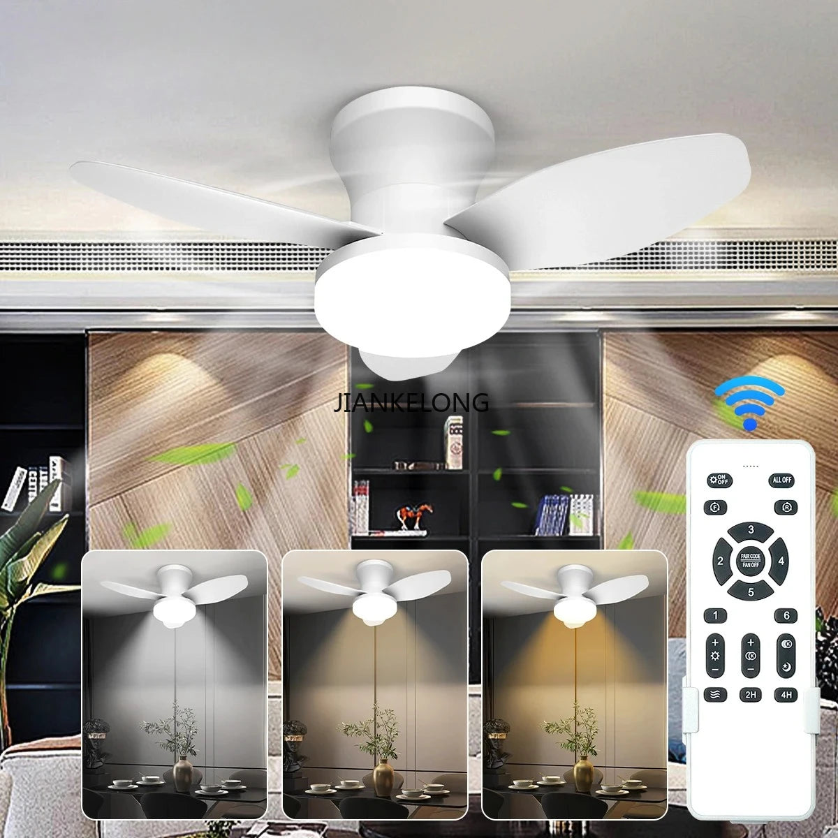 ventilateur blanc lampe intégrée moderne télécommande vitesses led reversible