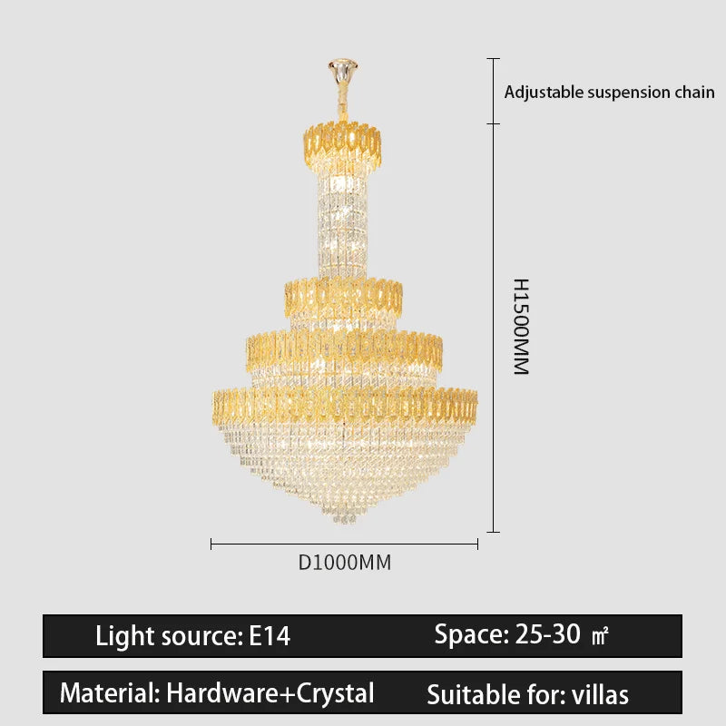 lustre doré cristal transparent classique suspension chaîne ajustable grande taille salon chambre moderne led