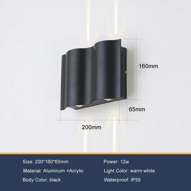 lampes murales extérieures noir ondulées ip55 6w 12w 18w moderne aluminium