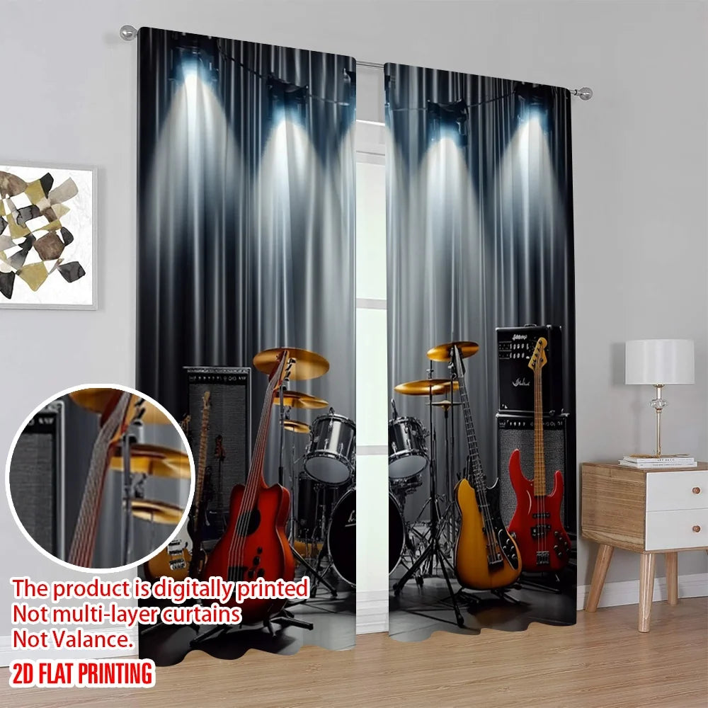 rideau moderne rock instruments musique noir gris blanc rouge jaune imprimé polyester machine