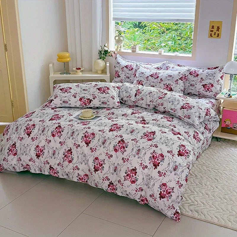 housse couette ensemble 60 pièces microfibre polyester motifs floraux blanc vert jaune rouge moderne