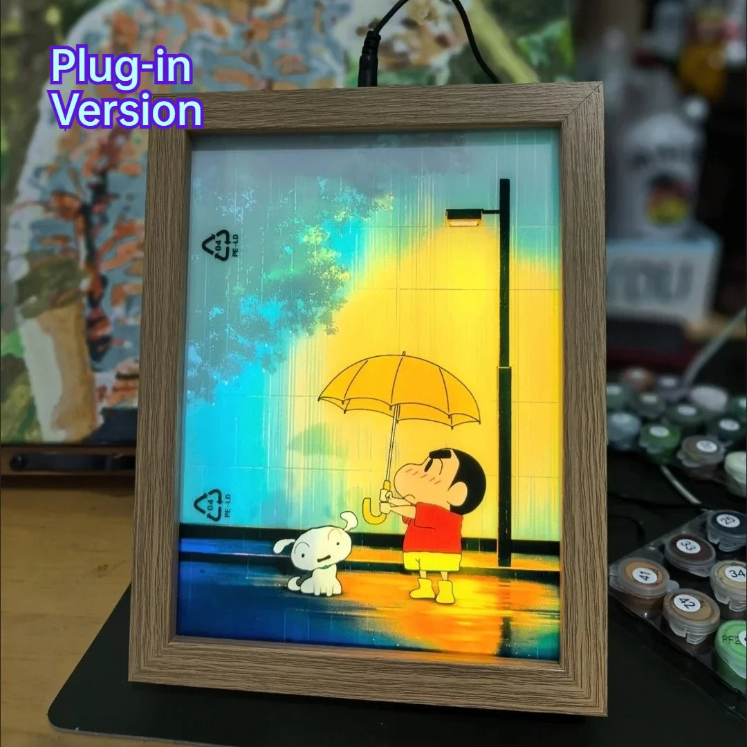 veilleuse led cadre lumineux shin chan illustration parapluie bois naturel noir contemporain clips