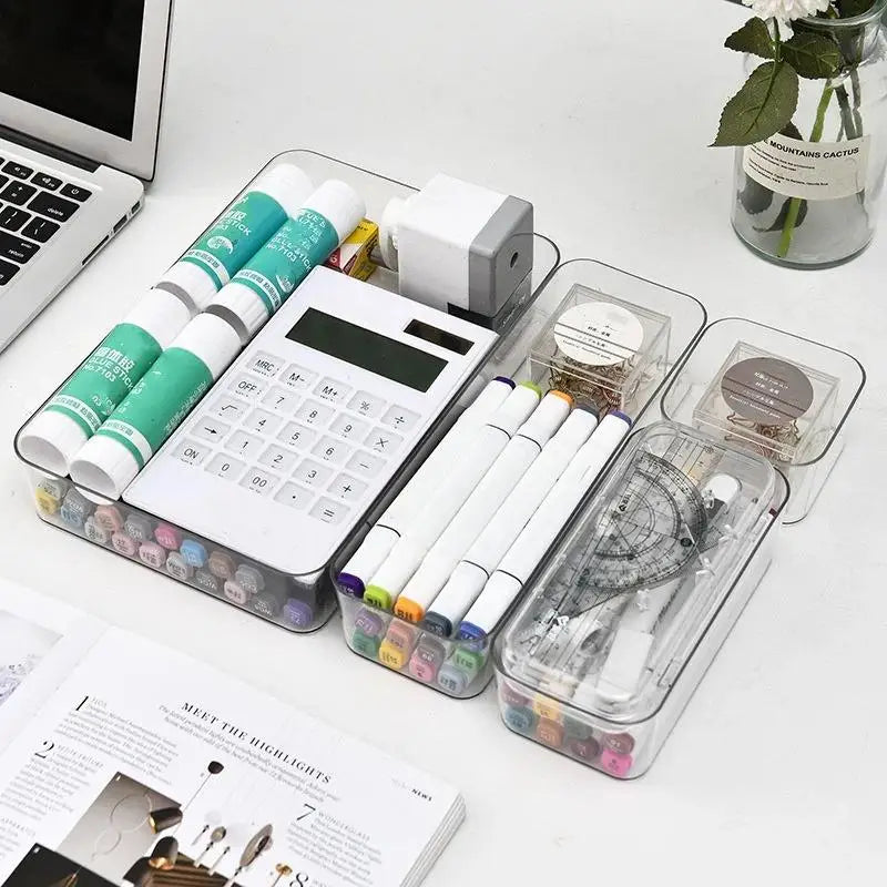 boîtes rangement transparentes modernes salle bain empilables plastique maquillage organisation calculatrice marqueurs