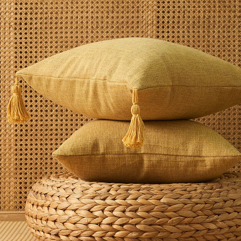 coussin carré rustique polyester brodé lin beige clair lavable amovible 45x45cm glands