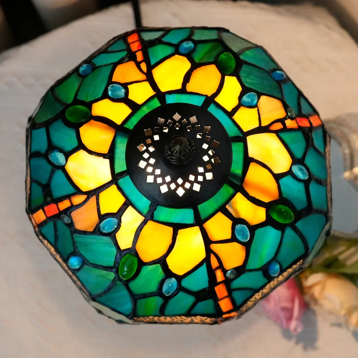 lampe table tiffany multicolore mosaïque verre floral géométrique art nouveau