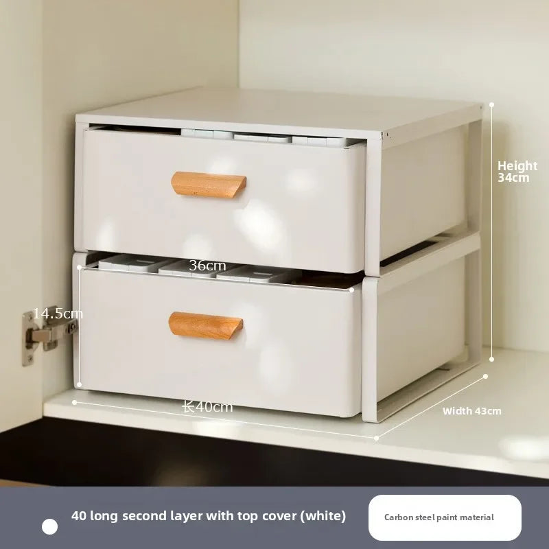 meuble tiroirs cuisine gris blanc poignées bois rangement sous évier