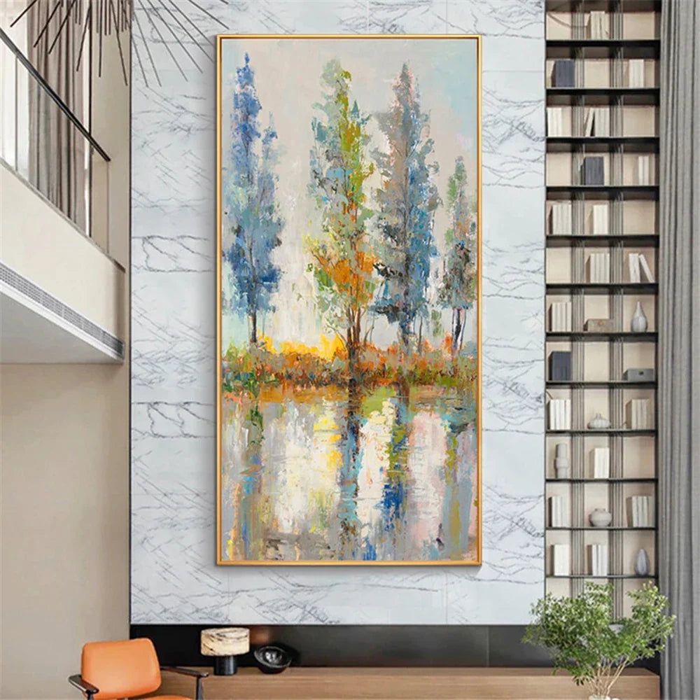 tableau abstrait paysage arbre bleu vert jaune blanc gris moderne sans cadre toile peinture