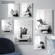 Affiche toile animaux noir et blanc décoration salle de bain nordique rétro - Ombre Intérieur