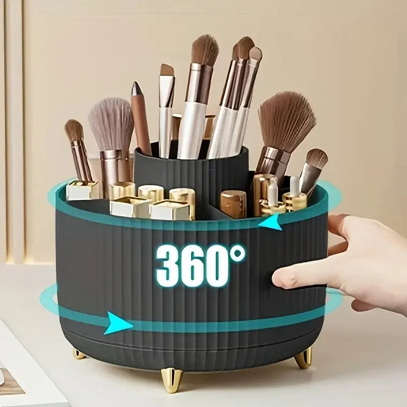 organisateur maquillage rotatif boîte rangement moderne gris blanc marron rayures vertical brosse crayon soins